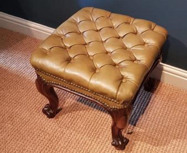 Victorian Rosewood Cabriole Leg Stool with Olive Hide Upholstery  - Image 3