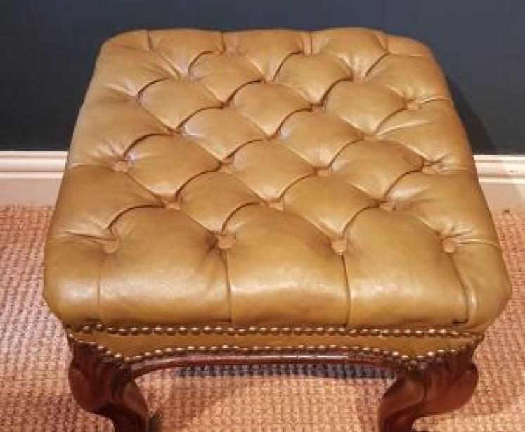 Victorian Rosewood Cabriole Leg Stool with Olive Hide Upholstery  - Image 4