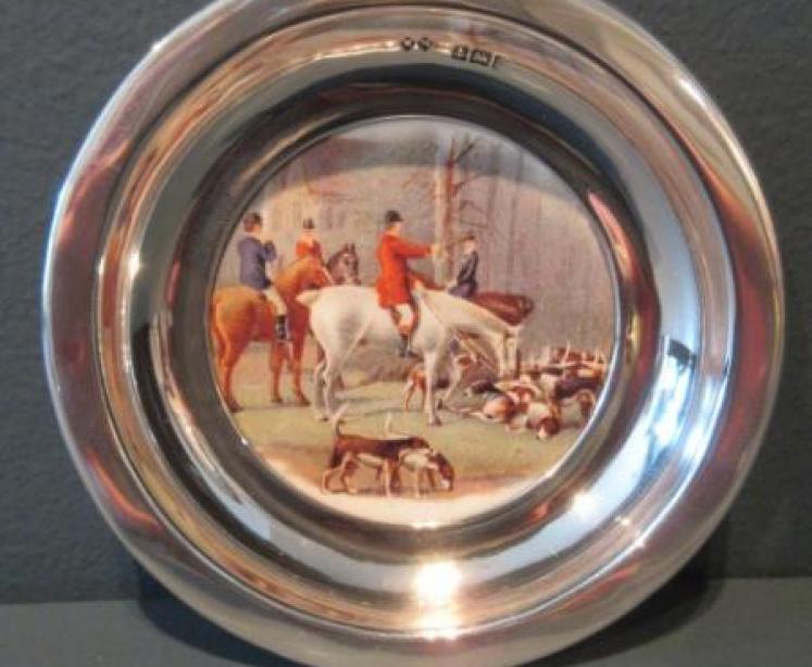 Edwardian Period Silver & Porcelain Hunting Scene Tray - Image 1