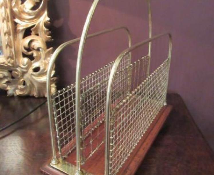 Antique Solid Brass & Oak Magazine Rack - Image 2