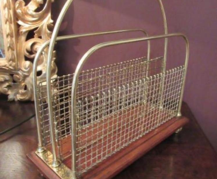 Antique Solid Brass & Oak Magazine Rack - Image 5