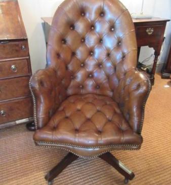 Superb Antique Leather Buttoned Swivel Desk Armchair
