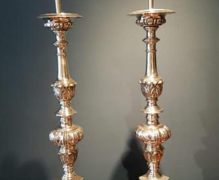 Matching Pair of Antique Brass Candlestick Lamps - Image 1