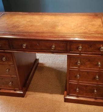 Outstanding Victorian Burr Walnut Pedestal Desk