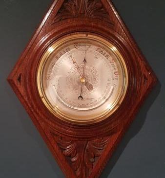 Victorian Oak Carved Barometer and Crescent Thermometer