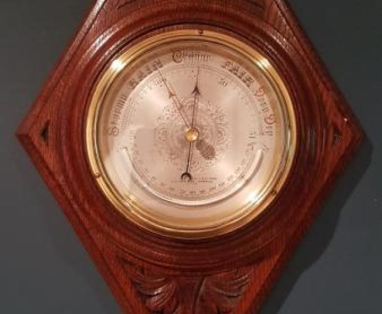 Victorian Oak Carved Barometer and Crescent Thermometer - Image 1