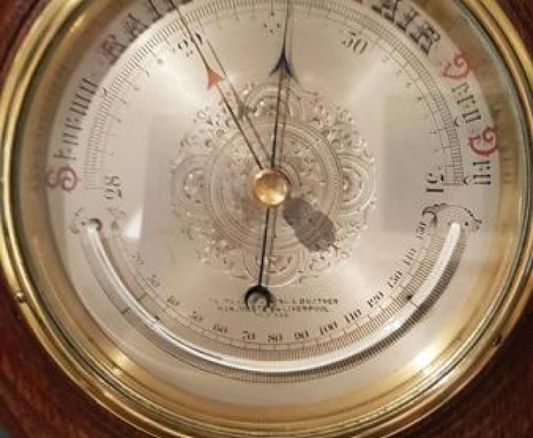 Victorian Oak Carved Barometer and Crescent Thermometer - Image 2