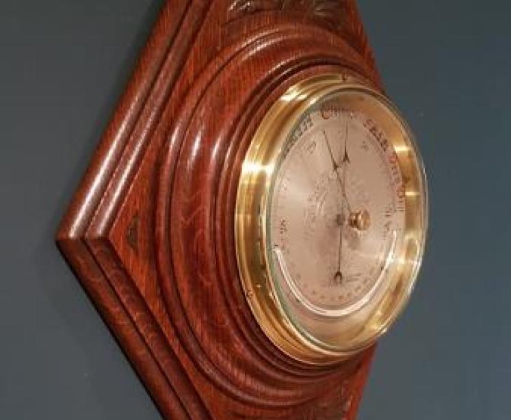Victorian Oak Carved Barometer and Crescent Thermometer - Image 4