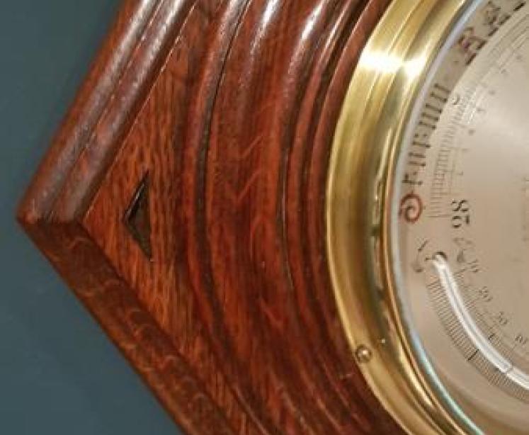 Victorian Oak Carved Barometer and Crescent Thermometer - Image 5