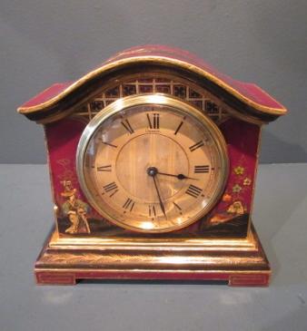 Antique Maroon Chinoiserie 8 Day Lacquered Mantel Clock