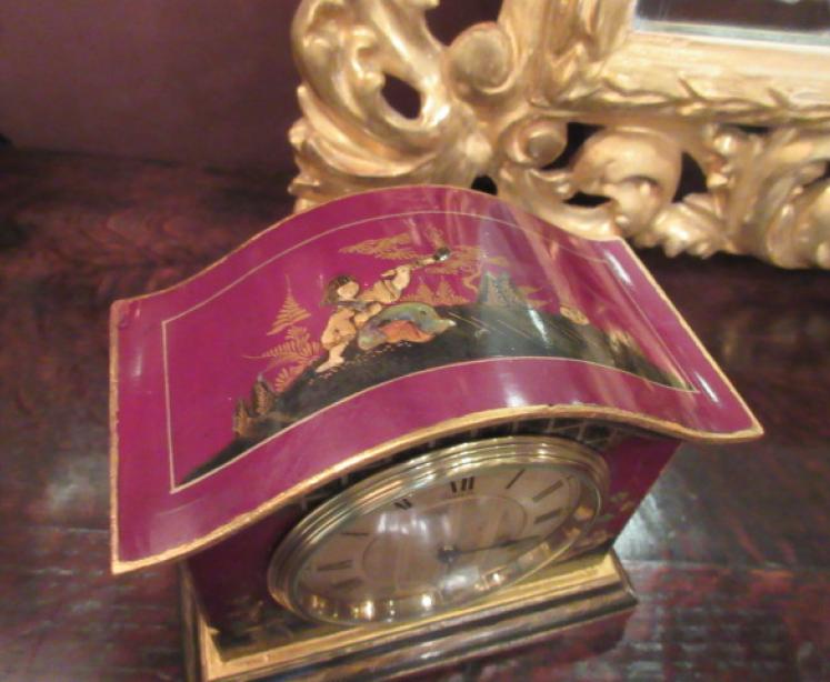 Antique Maroon Chinoiserie 8 Day Lacquered Mantel Clock - Image 3