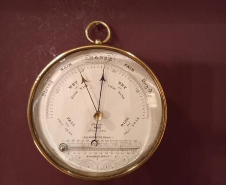 Antique Polished Brass Marine Barometer with Thermometer - Image 1