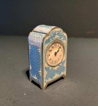 Antique Silver & Pale Blue Enamel Miniature Swiss Clock