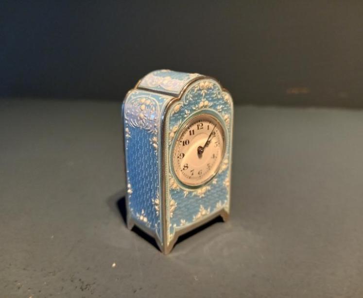 Antique Silver & Pale Blue Enamel Miniature Swiss Clock - Image 1