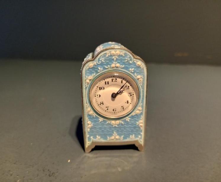 Antique Silver & Pale Blue Enamel Miniature Swiss Clock - Image 2