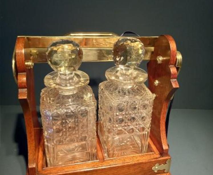 Antique Polished Oak Two Bottle Tantalus - Image 2