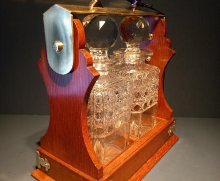 Antique Polished Oak Two Bottle Tantalus - Image 5