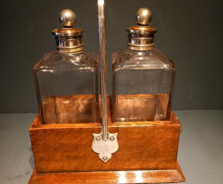Antique Oak Cased Two Bottle Decanter Set - Image 1