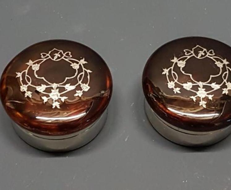 Matching Pair of Antique Silver and Tortoise Shell Pill Boxes - Image 1