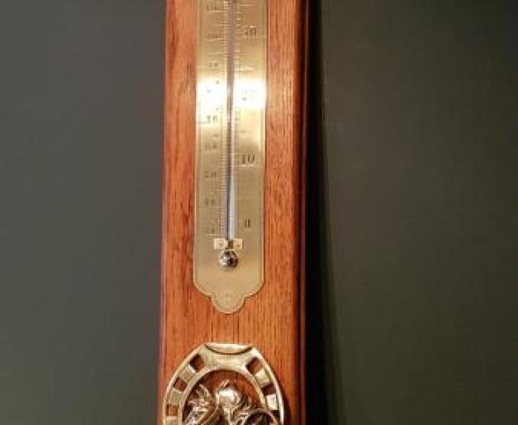 Antique Horse Themed Oak Wall Thermometer - Image 1