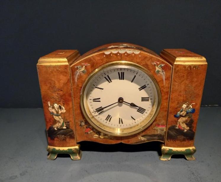 Antique Chinoiserie Burr Walnut Mantel Clock - Image 1