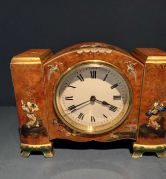 Antique Chinoiserie Burr Walnut Mantel Clock