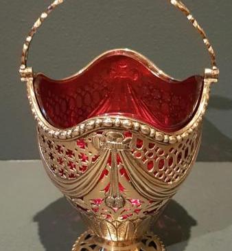 Edwardian Silver Gilt Bonbon Dish with Cranberry Liner