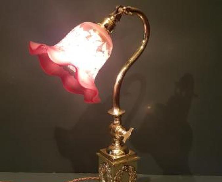 Edwardian Cast Brass Table Lamp and Shade - Image 2