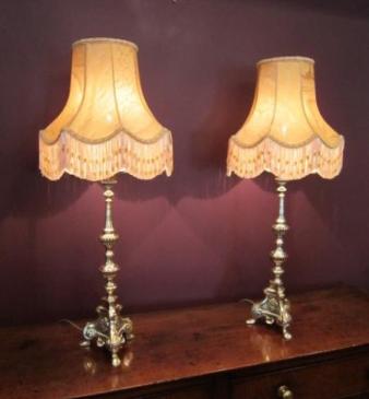 Pair of Victorian Rococo Candlestick Lamps & Shades