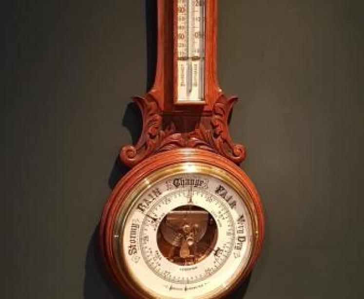 Victorian Carved Oak Banjo Barometer with Skeletonised Movement - Image 1
