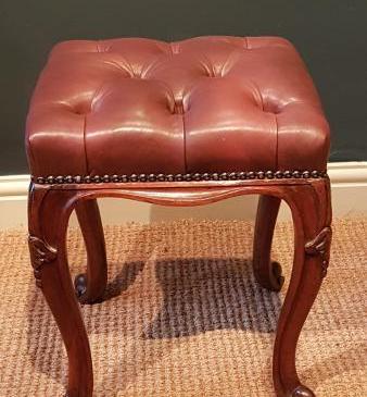 Antique Rosewood Cabriole Leg Leather Top Stool