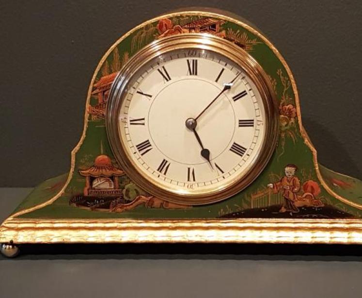 Edwardian Green Chinoiserie Napoleon Hat Mantel Clock - Image 1