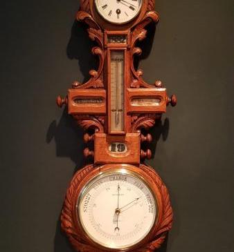 Unusual Victorian Carved Oak Barometer Clock and Calendar combination