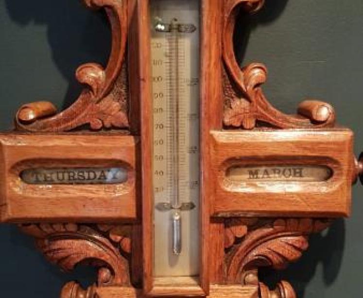 Unusual Victorian Carved Oak Barometer Clock and Calendar combination - Image 3