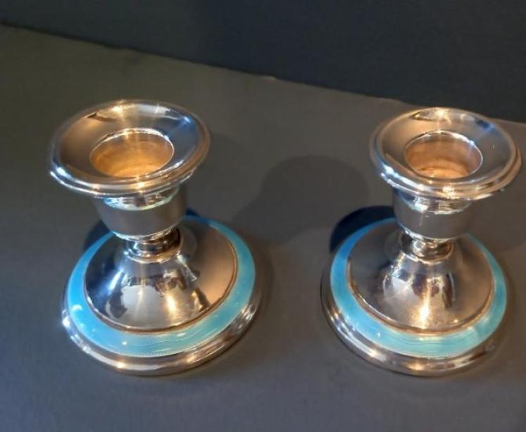 Pair of George V Period Silver & Enamel Candlesticks - Image 1