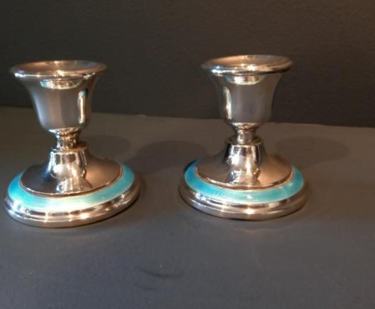 Pair of George V Period Silver & Enamel Candlesticks - Image 5