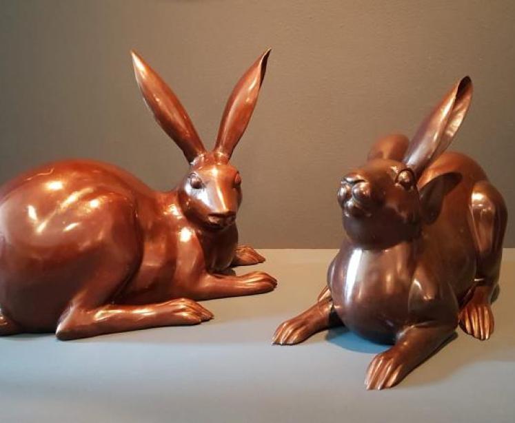 Superb Pair of Bronze Hares - Image 1