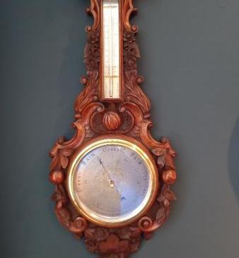 Superb Mid Victorian Solid Walnut Carved Banjo Barometer