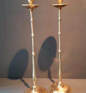 Tall Pair of Antique Cast Brass Candlesticks