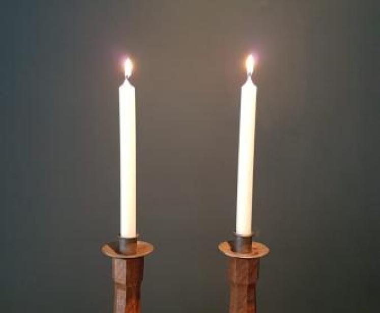 Matching Pair of Mouseman Adzed Oak Candlesticks - Image 1