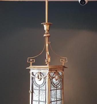 Edwardian Brass and Leaded Glass Lantern
