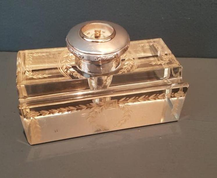 Silver and Cut Crystal Pen and Ink Stand with Inset Compass - Image 1