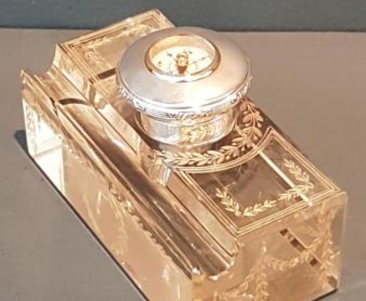 Silver and Cut Crystal Pen and Ink Stand with Inset Compass - Image 2