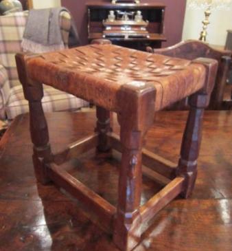 Early Mouseman Adzed Oak Leather Top Stool