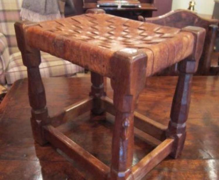 Early Mouseman Adzed Oak Leather Top Stool - Image 1