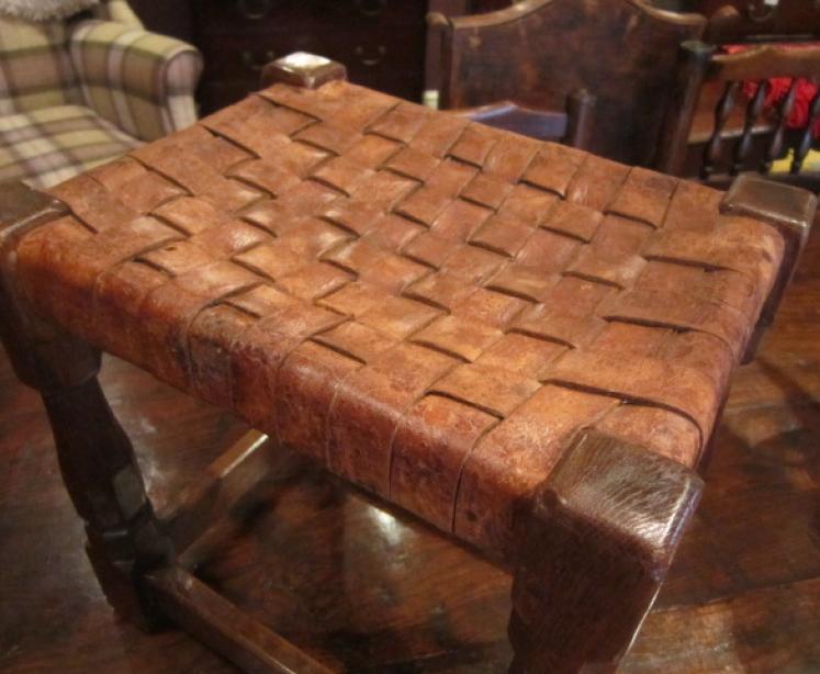 Early Mouseman Adzed Oak Leather Top Stool - Image 4