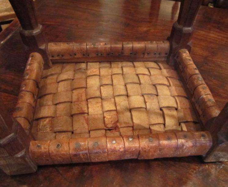 Early Mouseman Adzed Oak Leather Top Stool - Image 5