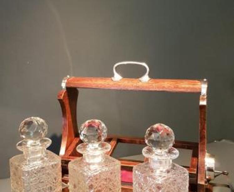 Victorian Oak and Silver Plate Three Bottle Tantalus - Image 2