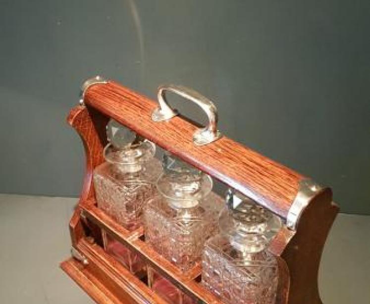 Victorian Oak and Silver Plate Three Bottle Tantalus - Image 4