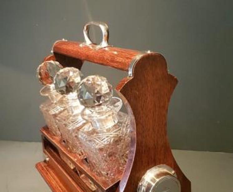Victorian Oak and Silver Plate Three Bottle Tantalus - Image 5